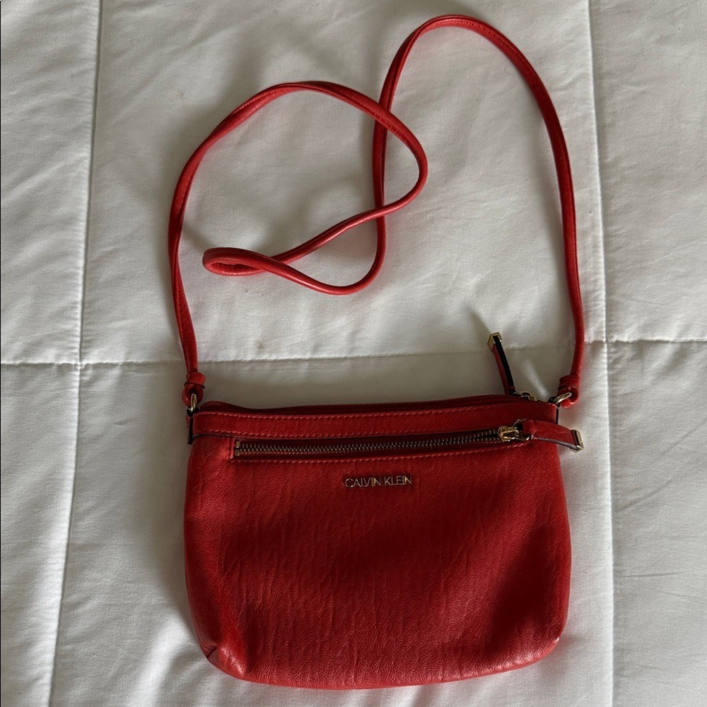 Calvin Klein Red Faux Leather Crossbody Bag Gold Hardware Zip Top Pocket